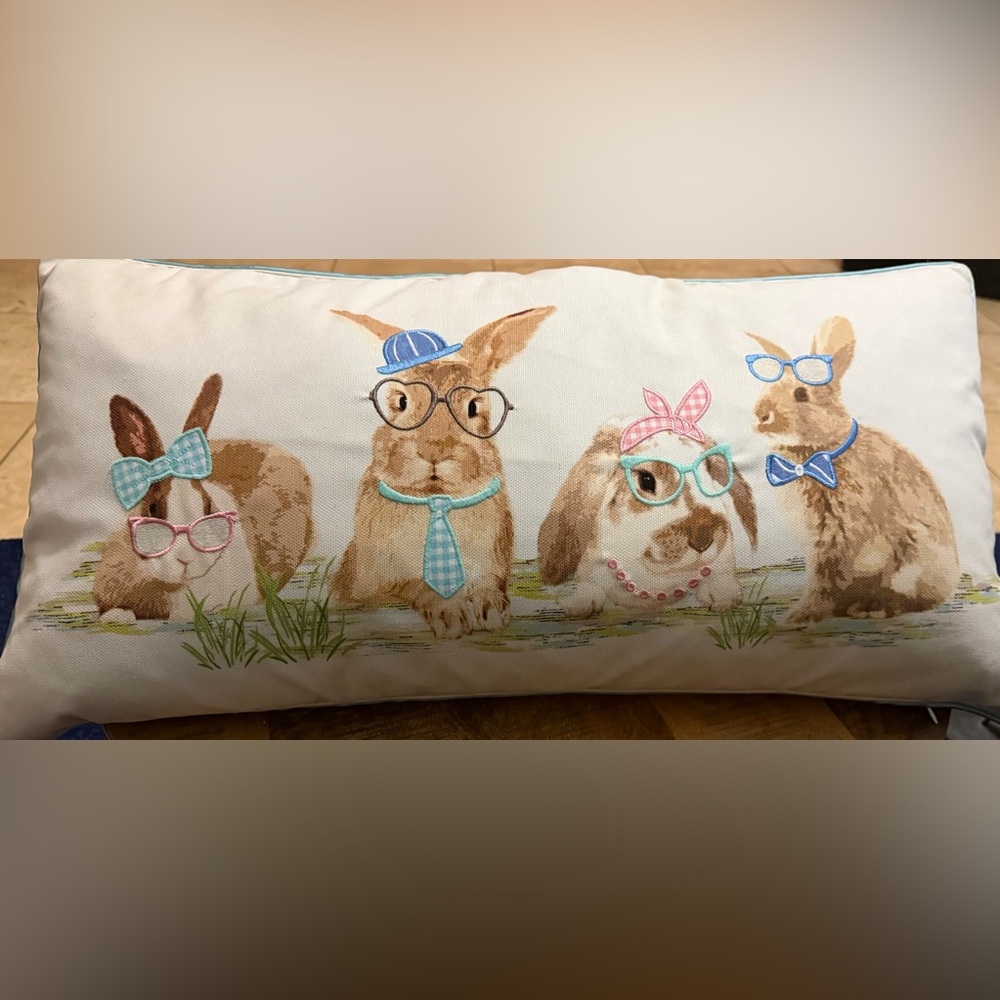 Loving Kindness Brand Embroidered Rabbit Throw Pillow Large 26x13 Easter Bunny